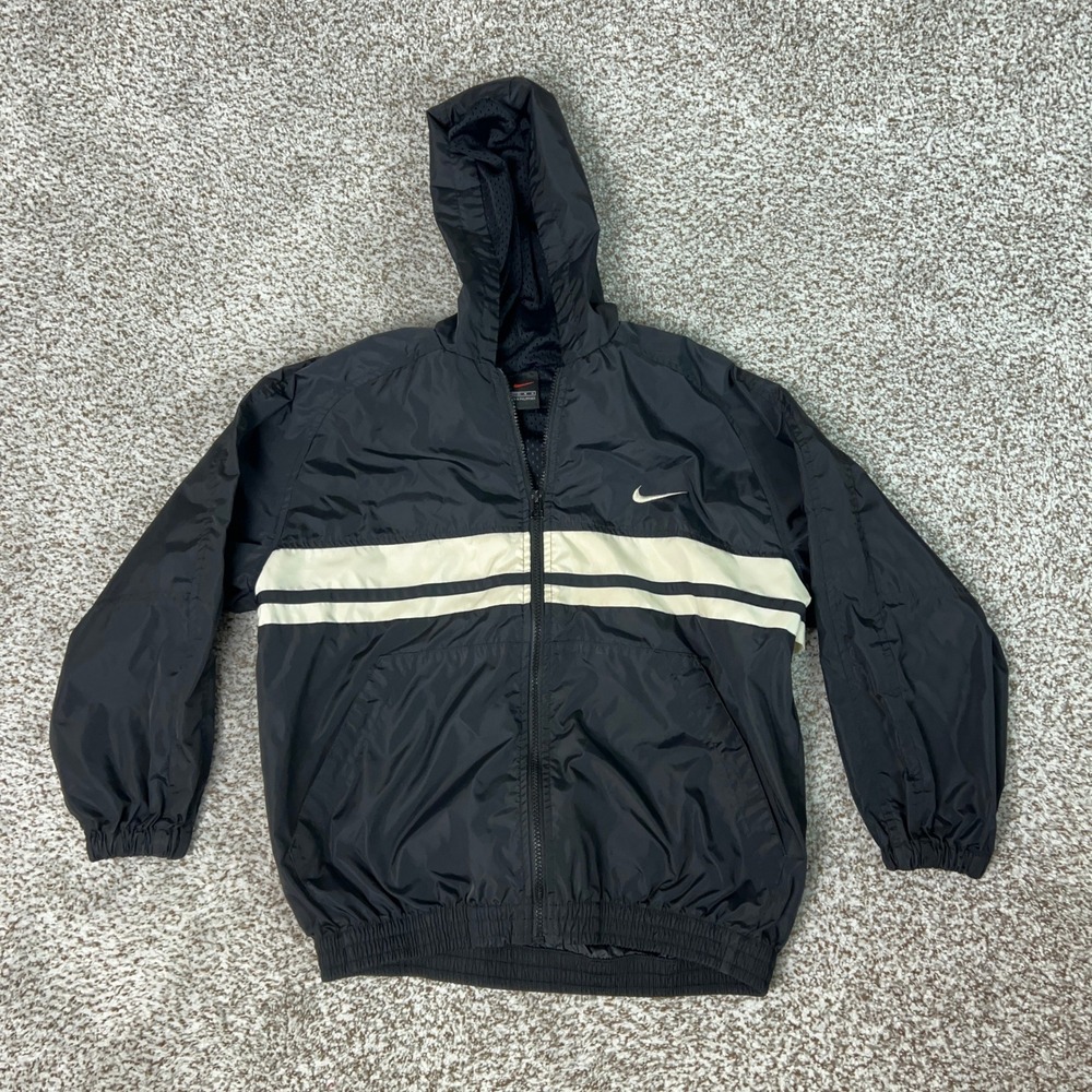 Vintage Nike Jacket Womens Medium Black Activewear Windbreaker Hooded Zip Swoosh